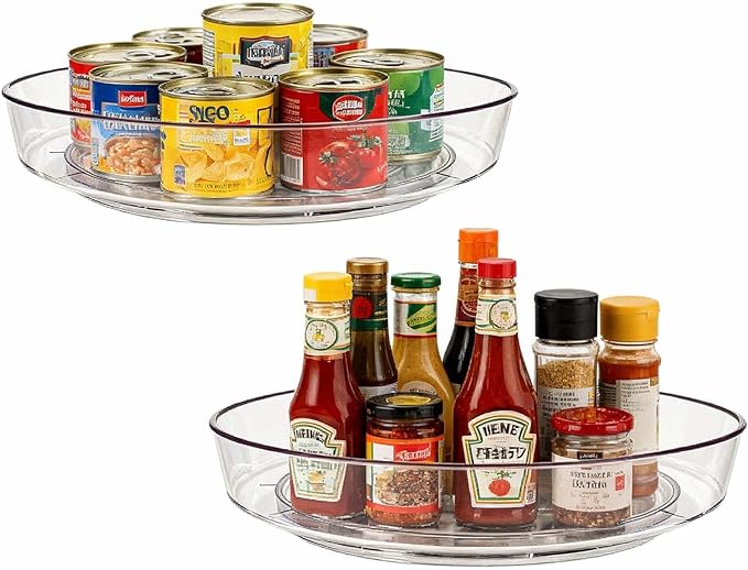 Lazy Susan Turntable for Spice Organization | Clear BPA-Free Plastic Rotating Organizer for Kitchen Cabinet, Pantry, Countertop, Fridge | 360-Degree Rotating Base (10 inch - 2 Pack)