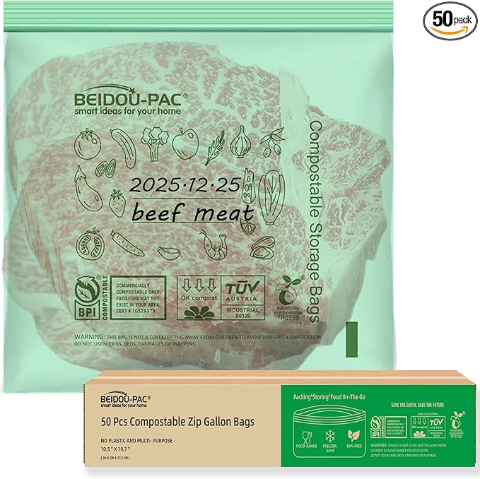 Compostable Gallon Food Storage Freezer Bags, 50 Count | 2 Mil | 10.5" * 10.7", Freshness Easy Open Biodegradable, Eco-Friendly Reclosable Compost Zippper Bags