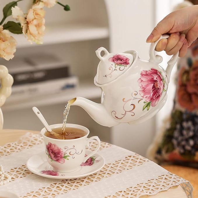 20-Pieces Tea Set For Adult with Golden Metal Rack,Porcelain Tea Sets For Women,Tea Gift Sets for Home&Party(015)