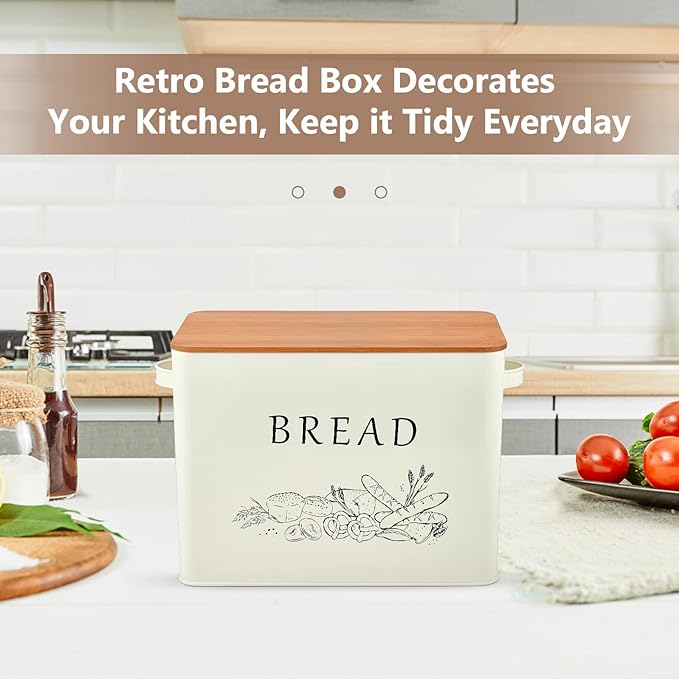 P&P CHEF Bread Box for Kitchen Counter, Metal Bread Storage Bin with Wooden Cutting Lid, Large Capacity for Holding 2+ Loaves, Retro Modern Style, Size 13” x 7.2” x 9.7”, Cream