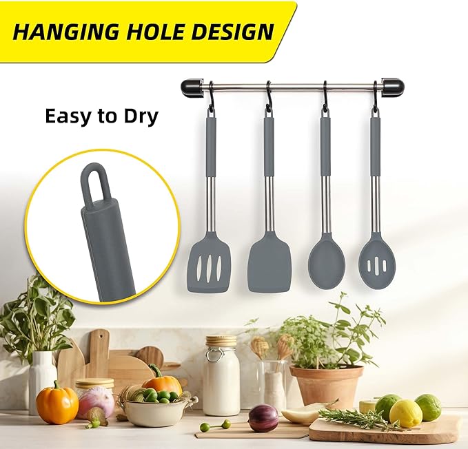 4 Pack Silicone Utensils Set，Non Stick Solid Spatulas, Slotted Spoons with Stainless Steel Handle，Spatulas for Cooking，Frying, Mixing, Serving -Grey