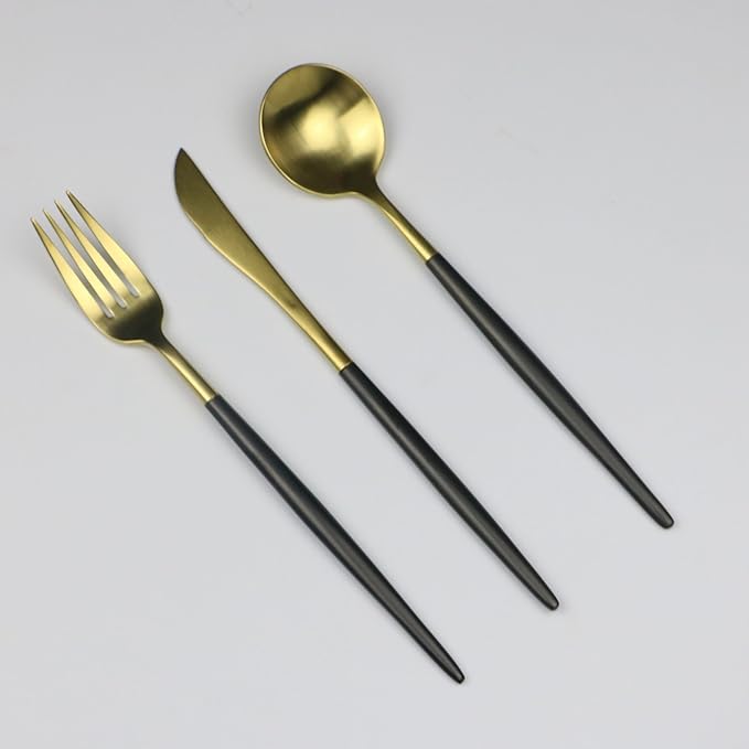 Customized 5-Piece 18/10 Stainless Steel Flatware Set, Serive for 1, With Fork Spoons Knife Teaspoon Dessert Fork for Home Kitchen Restaurant Hotel (Black + Gold)