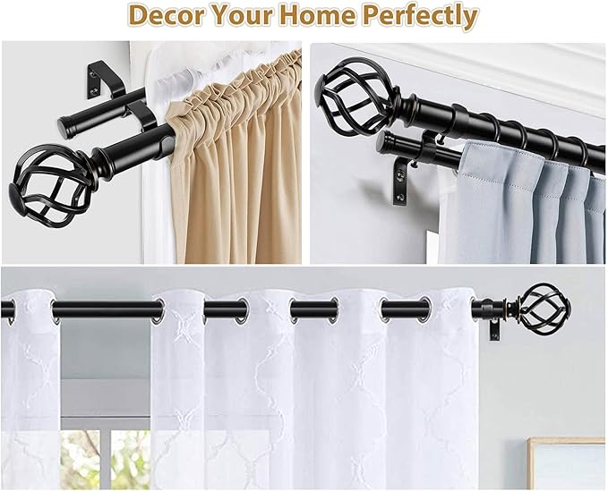 KAMANINA 1 Inch Double Curtain Rods 66 to 120 Inches (5.5-10 Feet) Telescoping Heavy Duty Drapery Rod for Windows 54 to 115 with Twisted Cage Finials, Black
