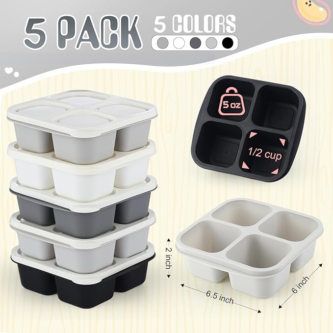 Honeydak 5 Pack Snack Containers 4 Compartment Bento Snack Boxes Reusable Lunchable Containers with Lids Divided Meal Prep Lunch Food Storage Box for School Work Travel(Black and White Ombre,Equal)