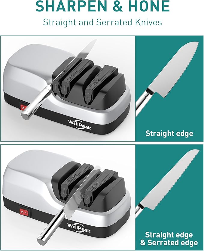 2-Stage Electric Knife Sharpener for 20-Degree Knifes, Diamond Abrasive Sharpening for Straight Edge Chef Knives, Ceramic Hone for Chef Knives, Serrated Knives Polishing