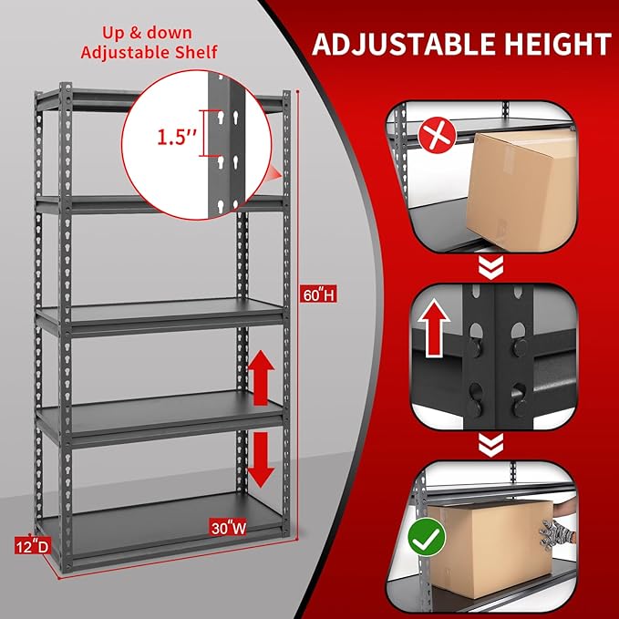 30" W Laminated Heavy Duty Metal Shelving Unit 2000 Lbs Boltless Garage Storage Shelves Utility Rack Shelf Warehouse Pantry Shed 30" W x 12" D x 60" H, Dark Gray