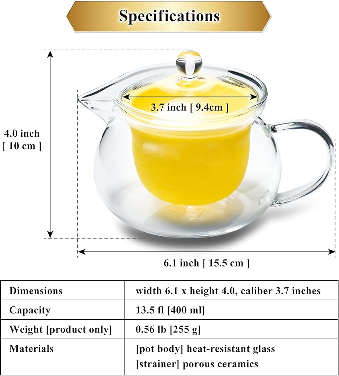 Heatproof Glass Teapot 13.5 fl (400 ml) with Removable Ceramic Infuser strainer Ha-Pot Made in Japan (Green)