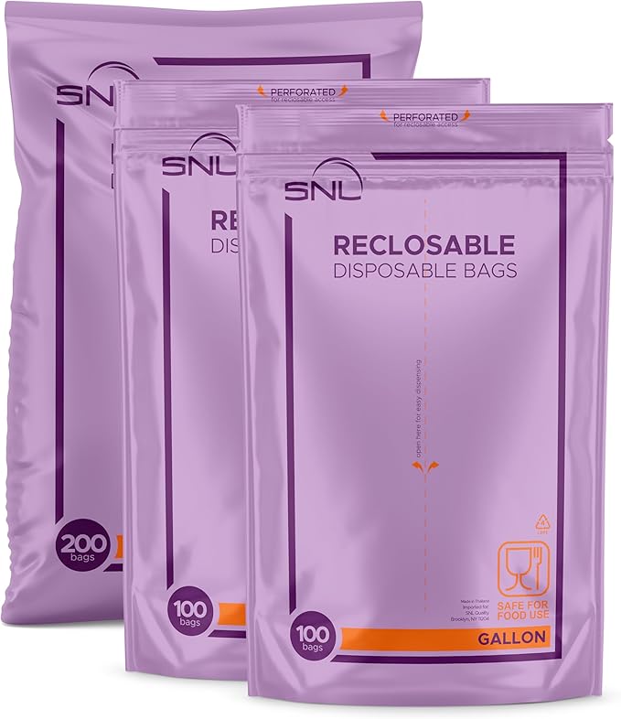 Gallon Food Bags by SNL -200 Bags- Leak-Proof, Clear, Write-On Block, Reclosable, Disposable Storage Bags, Double Seal Zippers with Clicking Noise Zip Confirmation, Stand-Alone Gusset, Easy Dispensing