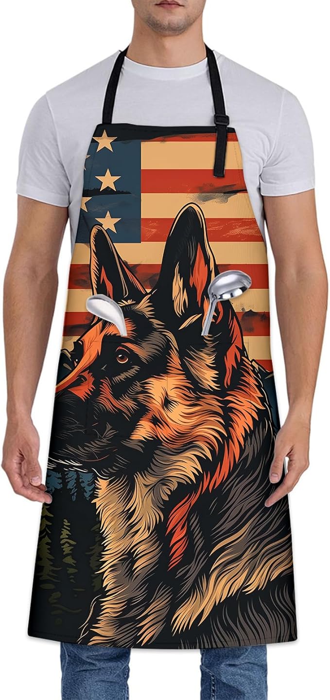 German Shepherd Pattern Apron, Adjustable Kitchen Patriotic Design with Dog Silhouette Aprons with Pockets for Cooking BBQ Gardening, 28×33 IN, Gifts for Women, for Chef Baking, Oxford Fabric