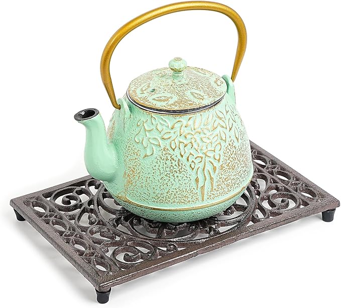 Sungmor Rectangle Cast Iron Trivets, Metal Trivet for Hot Pots and Pans, Heavy Duty Rustic Wood Stove Tea Pot Trivet, Decorative Hot Pot Holder for Kitchen Counter and Dining Table, Intricate Pattern