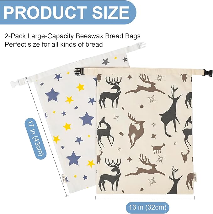 2 Pack Beeswax Bread Bags for Homemade Sourdough Bread - XL Reusable Cotton Food Storage Bags- Eco Friendly Keep Fresh