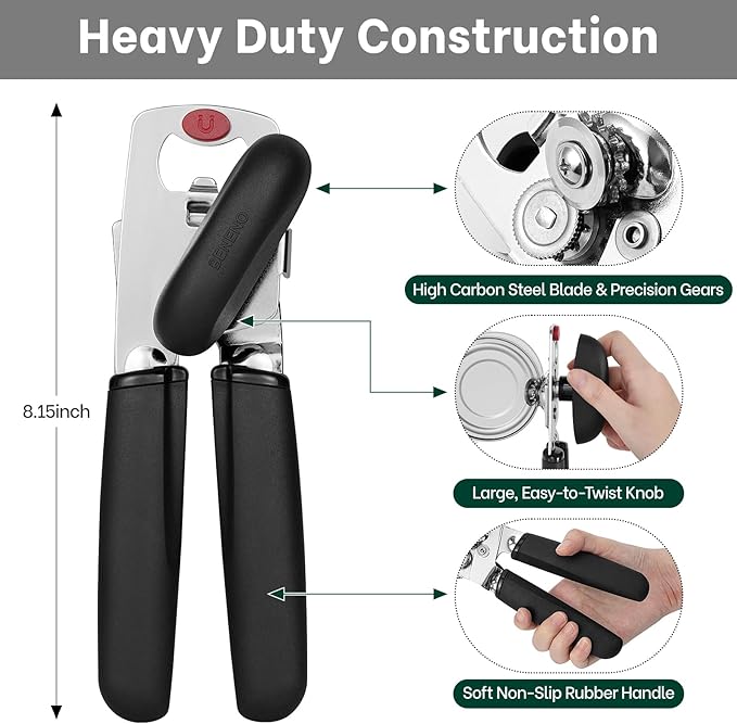 Beneno Upgrade Smooth-Operating Manual Can Opener with Magnet Lid Lifter, Ultra Sharp Steel Cutting Wheel & Easy Turn Knob, Comfort Grip Handles Effortless to Use, Multifunction Bottles Opener, Black