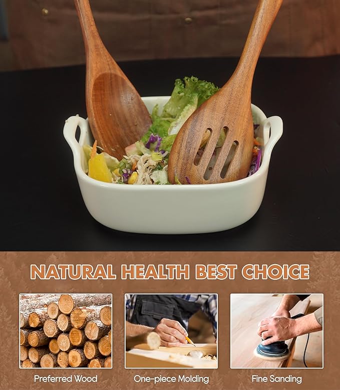 Large Wooden Spoons for Cooking, 2Pack Natural Teak Wood Cooking Spoon Set, Non-Stick Slotted and Corner Spoon, Heat-Resistant Wooden Spatula Spoon for Serving and Mixing