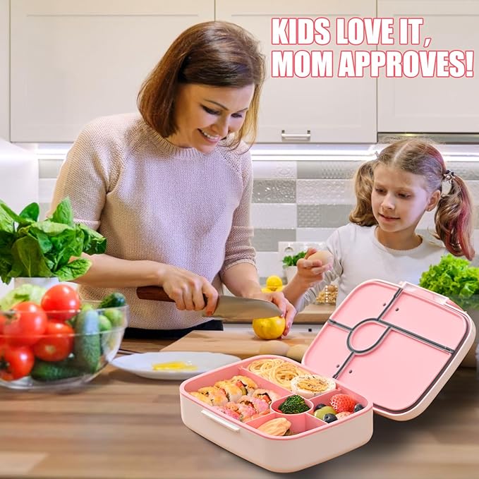 Bento Box for Kids Lunch Box Leak-Proof, Bento Lunch Box with 5 Compartments, Lunch Containers with 3 Silicone Baking Cups, Microwave/Dishwasher Safe (43OZ) (Pink with snack cup)
