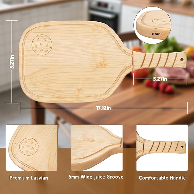 Pickleball Charcuterie & Cutting Board,Pickleball Gift,17" x 8.5" x 0.75" Pickleball Snack Platter,Birch Wood,Mineral Oil Finish