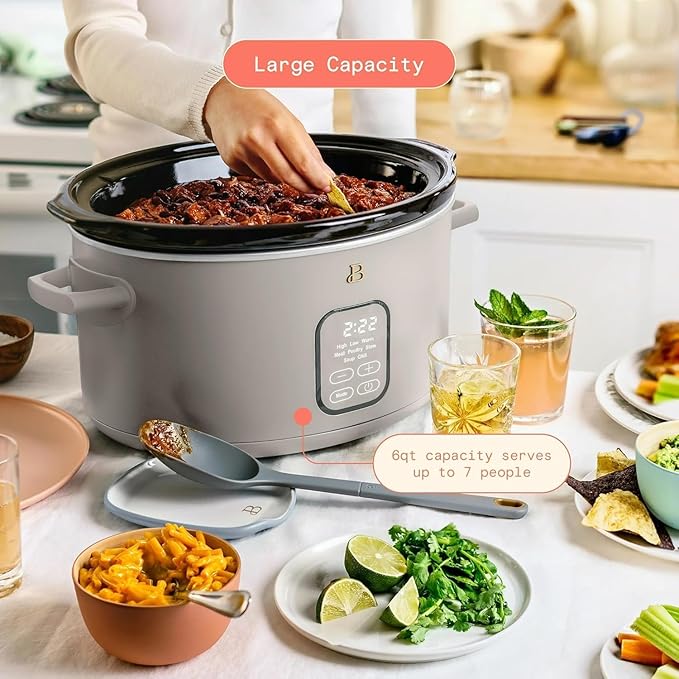 Beautiful 6 Qt Programmable Slow Cooker by Drew Barrymore - 5 Preset Cooking Functions, Digital Countdown Timer, Dishwasher-Safe Parts, and Cool-Touch Handles (Porcini Taupe)