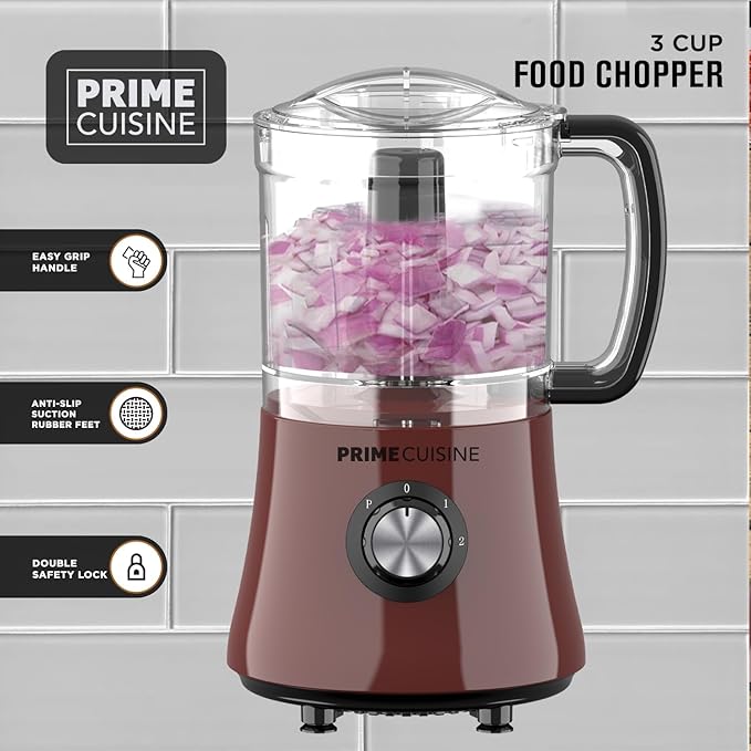 Electric Vegetable Chopper & Food Processor, 3 Cup Capacity, For Mincing, Emulsify and Puree (Burgundy)