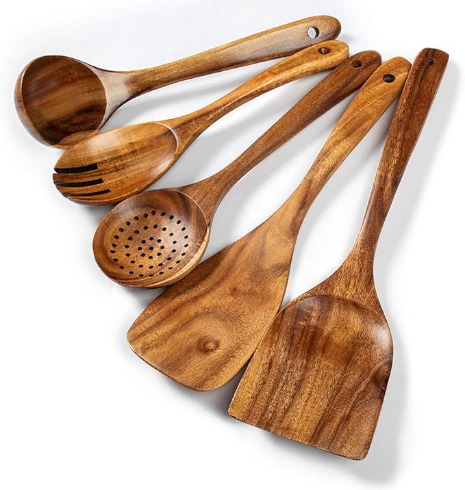 Wood Kitchen Utensils Set, 5 PCs Natural Acacia Wooden Spoons For Cooking for Non-stick Skillet, Utensil set For Cooking With Soup Ladle and Wok Spatulas, Salad fork, Spurtles for Cooking