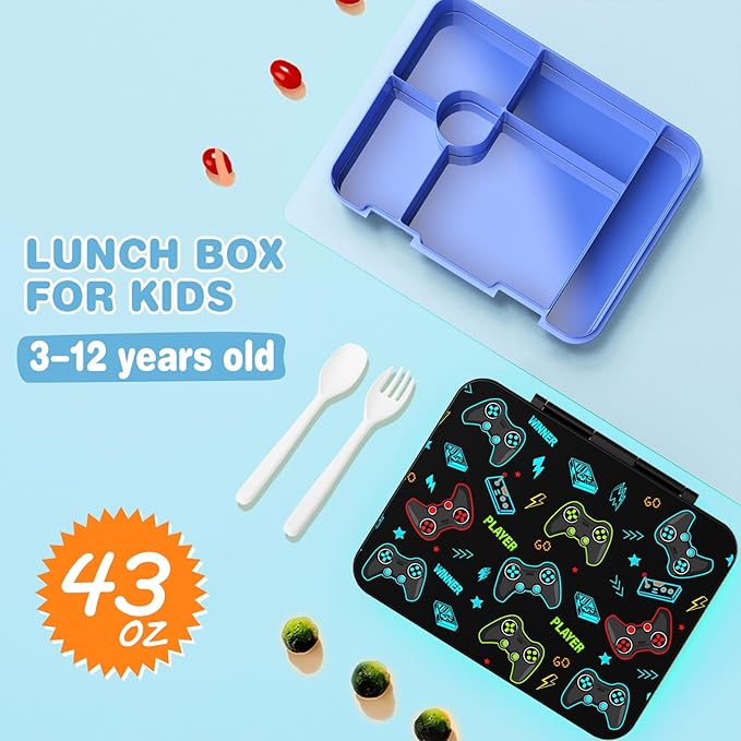 Bevalsa Kids Bento Lunch Box with 6 Compartment, Stainless Steel Metal Water Bottle, Insulated Bag & Utensils, BPA-Free Leakproof Food Container for School Boys Girls, Back To School Gift