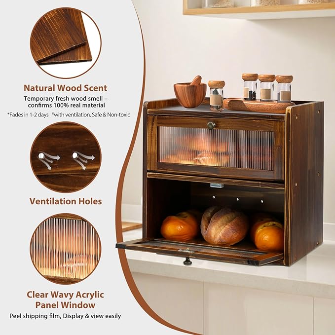 Bread Box for Kitchen Countertop, 2 Layer Large Capacity Wooden Bread Storage Container with Clear Wavy Acrylic Window Breadbox Holder Keeper Farmhouse Food Organizer