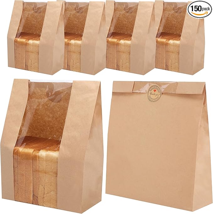 150 Pack Bread Bags for Homemade Bread Sourdough Bread Bags Large Kraft Paper Bakery Bag with Clear Window with Label Seal Stickers for Packaging Baked Food Bread Storage (13.7''x8.2''x3.5'')
