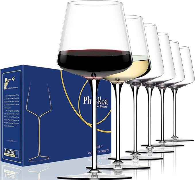 White Red Wine Glasses Set of 6 – 18oz Clear【Hand Blown】 Crystal Wine Glass – Tall Long Stem Modern Wine Glasses – Square Wine Glass with flat bottom – Unique gifts for Wedding,Brithday,Christmas