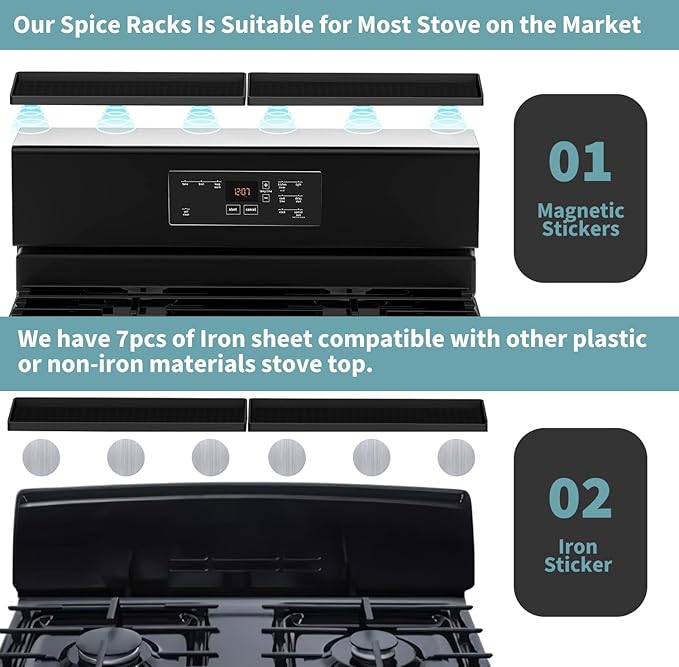 BFONS 30" Magnetic Stove Top Shelf Spice Rack Storage, Silicone Top Heat Material Stove Rack Seasoning Organizer Kitchen Gadgets Kitchen Organization（Black）