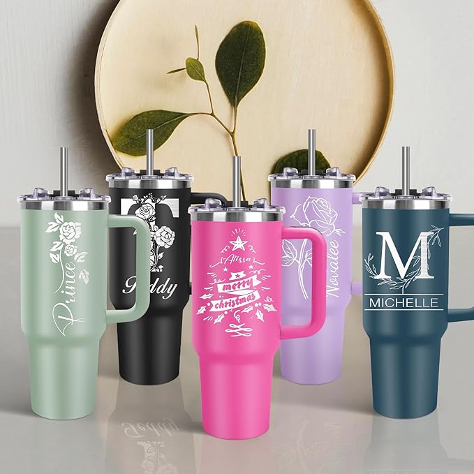 Personalized Tumblers with Engraved Name - Made in USA, Personalized Birthday Gifts for Men Women, Custom 40oz Stainless Steel Coffee Tumbler with Lids and Straws, Custom Travel Cup (40oz Tumbler)