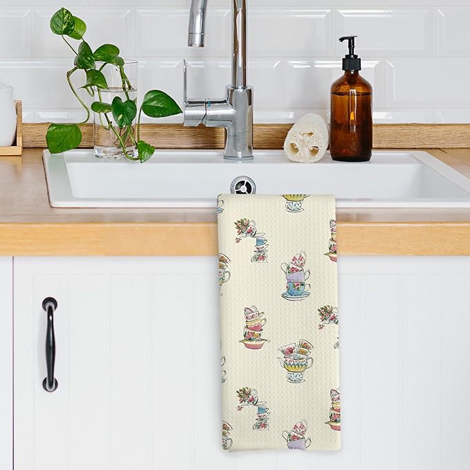 Vintage Spring Floral Teacups Kitchen Dish Towels, Retro Garden Tea Lover Gifts for Women, Roses Flower Cups Teapots Kitchen Decor, Tea Time Hand Towels Kitchen Tea Towels Decorations, 16x24inch