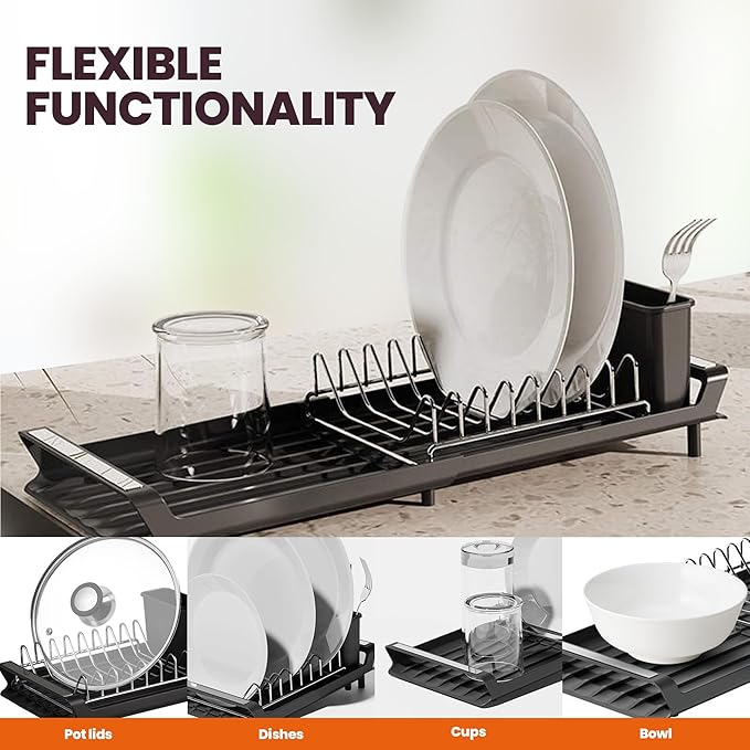 Dish Drying Rack, Expandable Kitchen Dish Racks for Kitchen Counter with Inclined Sloped Drain, Removable Stainless Steel Plate Rack & Utensil Holder, Collapsible Dish Drainer Grey, 11-19 in