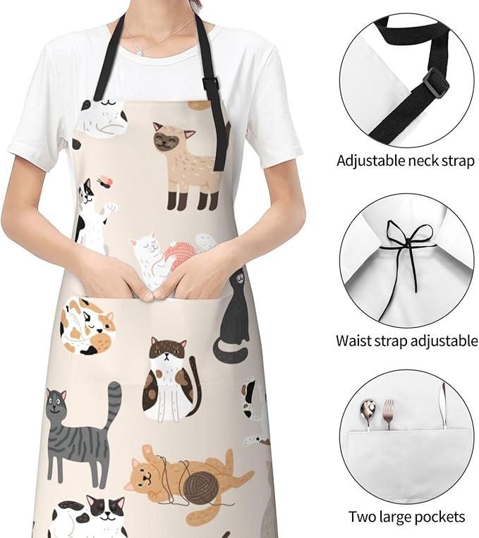 Cat and Dogs Animals Adjustable Bib Neck Chef Aprons, Kitchen Bbq Waterproof Apron with 2 Pockets For Mom Dad