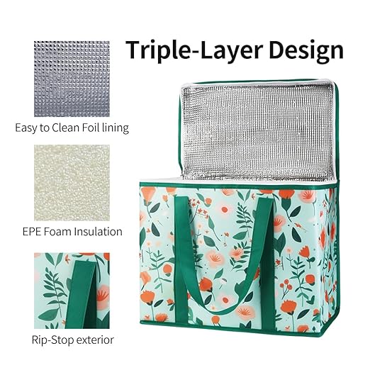 Bodaon 4-Pack Cooler Insulated Food Delivery Bag, X-Large Bags With Top Zippered for Grocery/DoorDash/Catering/Shopping, Thermal Hot Pizza, Large Cold and Frozen, XL Tote, Flower