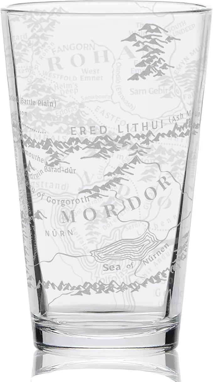 MAP OF MORDOR & GONDOR Engraved 16oz Pint Glass | Inspired by Tolkien Power Ring and Middle Earth | Great Christmas Gift Idea | Unique Elvish Fantasy Wizard Fantasy Decor!