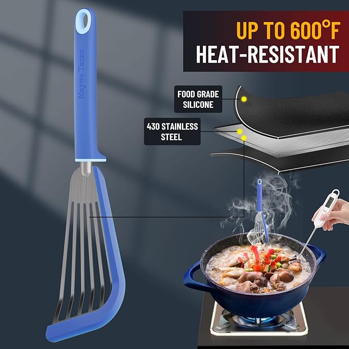 Fish Spatula,600℉ Heat Resistant Silicone Fish Spatula with Basting Brush,for Nonstick Cookware,Flexible Slotted Fishs Turner Spatulas,BPA Free,Dishwasher Safe(Blue)