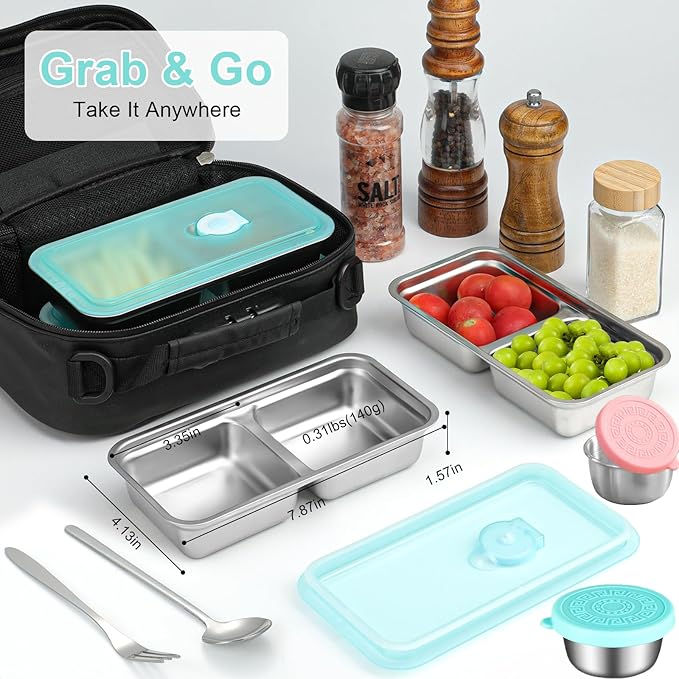 KITHELP 4 Pcs Grab and Go Snack Containers Reusable with Lids, Stainless Steel Double Compartment Snack Containers with 2 Forks 2 Spoons and 2 Salad Dressing Container, for Camping, Lunch, Dessert