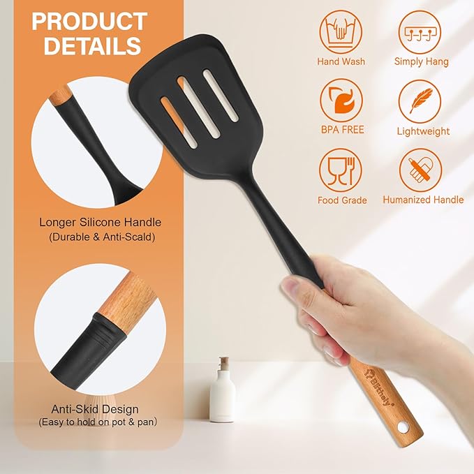 Large Silicone Kitchen Utensils Set, 4 PCS Cooking Utensils Set with Wooden Handle, Heat Resistant Silicone Utensils Kit for Cooking, BPA Free and Nonstick Spatula Set with Turner Spoon Ladle(Black)
