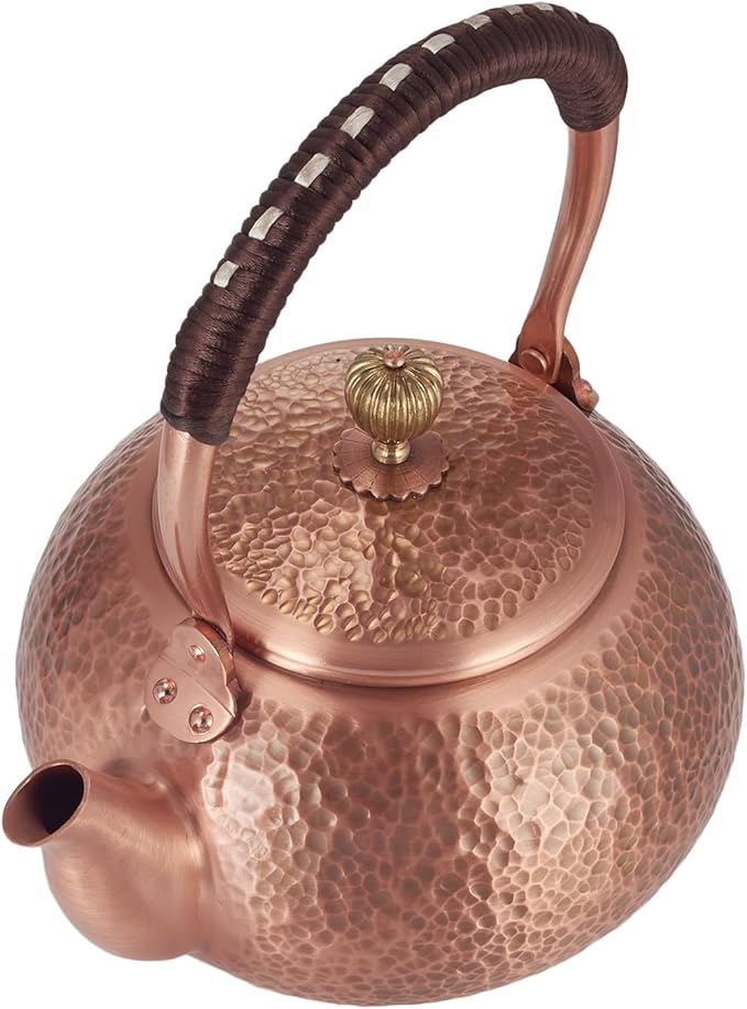 Handmade Copper Tea Kettle for Stove Top, Hammered Solid Pure Copper Teapot Made for Gasstove, 1200ml (Type-E)