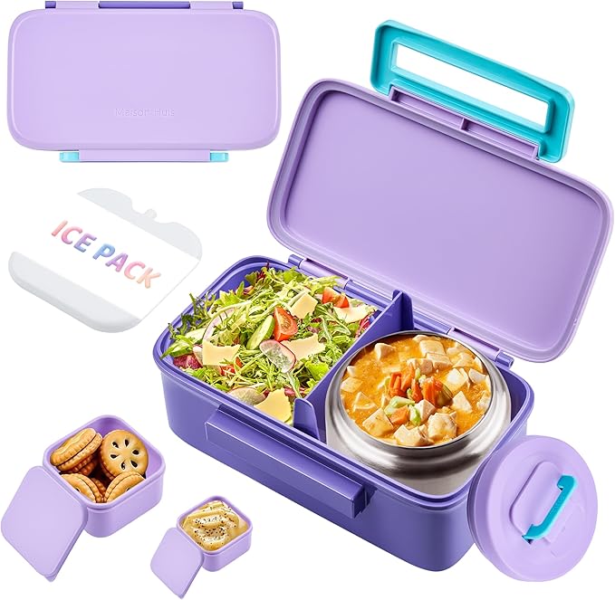MAISON HUIS Kids Lunch Box with Thermo, Leakproof Bento Box with 8oz Insulated Food Jar, 2 Compartment Container for Back to School Girls Boys (Purple)
