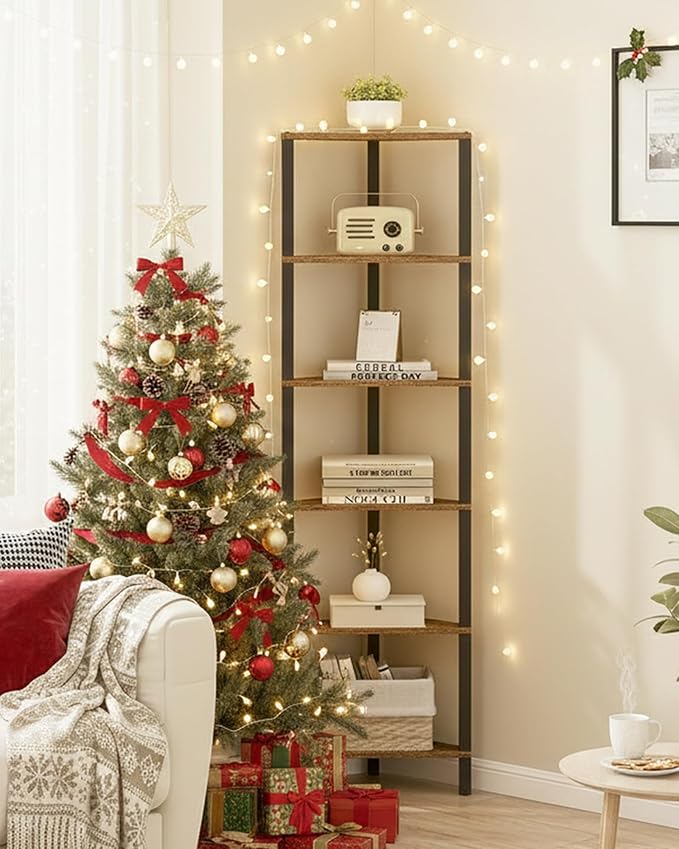 TUTOTAK Corner Shelf, 6-Tier Corner Bookshelf for Small Space, Narrow Display Corner Shelf Stand with Storage Rack, for Living Room, Bedroom, Rustic Brown BS05BB006