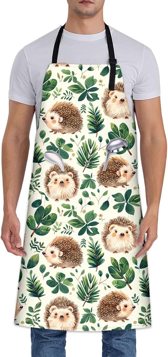 Funny Hedgehog Apron, Adjustable Kitchen Green Leaf Design Aprons with Pockets for Cooking BBQ Gardening, 28×33 IN, Holiday Gifts for Women Men Husband Wife, for Chef Baking, Oxford Fabric