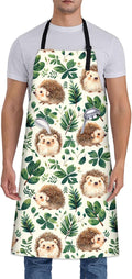 Funny Hedgehog Apron, Adjustable Kitchen Green Leaf Design Aprons with Pockets for Cooking BBQ Gardening, 28×33 IN, Holiday Gifts for Women Men Husband Wife, for Chef Baking, Oxford Fabric