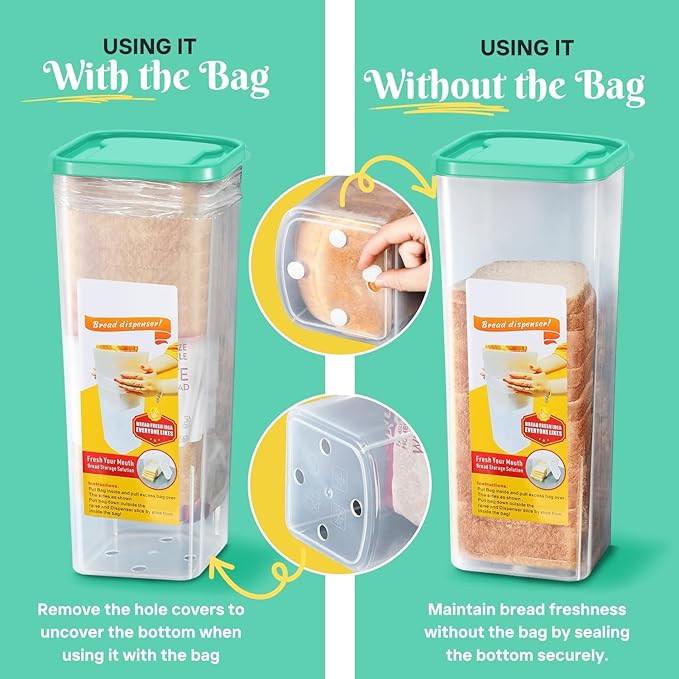 Flexzion 2 Pack Airtight Bread Containers - Clear BPA-Free Storage Box for Kitchen Countertop, Space-Saving & Durable Plastic Loaf Container & Dispenser, Green