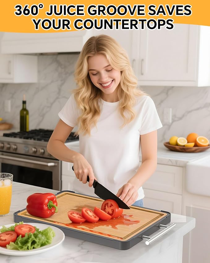 Cutting Boards for Kitchen - Food Grade Double Sided Pure Stainless steel& Bamboo Chopping Board with Handle, Slip resistant Non-toxic Charcuterie Board Housewarming Gifts (15.5×10)