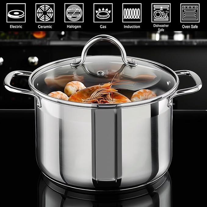GreatChef Stock Pot Stainless Steel for Cooking Riveted Handle, Heavy Duty Vessel,Induction Compatible All Cooktops in Use, Dishwasher & Oven Safe (8 Quart + Laddle))