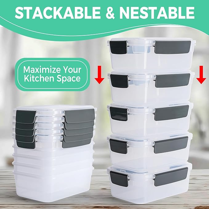 YORY 9 cup Plastic Food Storage Containers with Lids Nestable Freezer Dishwasher Safe Rectangle Meal Prep Container Set,5-Pack