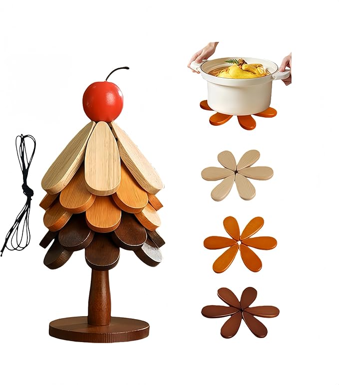 Christmas Tree Trivet Set of 5, Foldable Bamboo Hot Pad Holder for Hot Pots/Pans/Dishes, Walnut Brown Kitchen Serving Tray, Holiday Table Decor (Rainbow-Colored)
