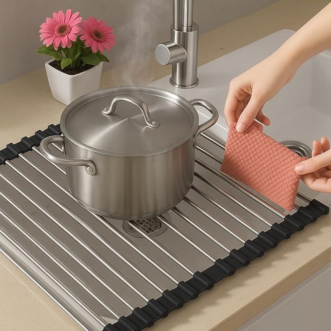 Roll Up Dish Drying Rack – Stainless Steel & Silicone Over Sink Mat, Foldable Kitchen Counter Organizer – Includes Mini Silicone Oven Mitts (Black)