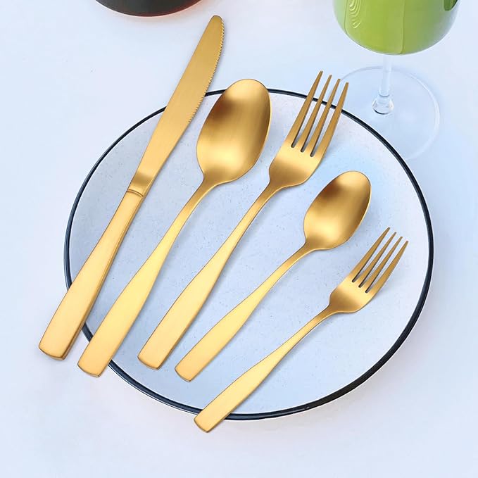 A·HOUSEWARE Gold Matte Cutlery Stainless Steel Silverware Satin Finish Flatware Set for 6 Tableware 30 Pieces Kitchen Eating Utensils for Home and Restaurant