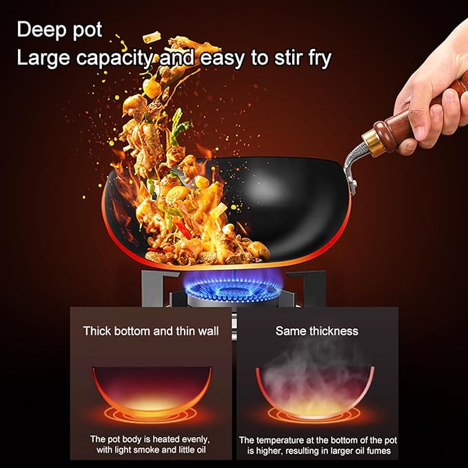Carbon Steel Wok Pan, 10.2″ Woks & Stir-Fry Pans with wooden Lid Cookwares, Nonstick Wok Flat Bottom Small Handmade Chinese Wok For for All Stoves