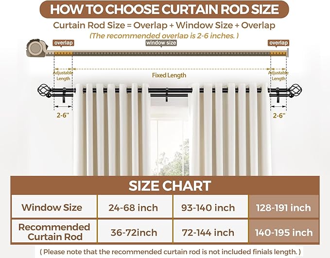 KAMANINA Black Double Curtain Rod 140 to 195 Inches (12-16 Feet), 1 Inch Curtain Rods for Windows 60 to 191, Heavy Duty Telescoping Drapery Rods with Twisted Cage Finials
